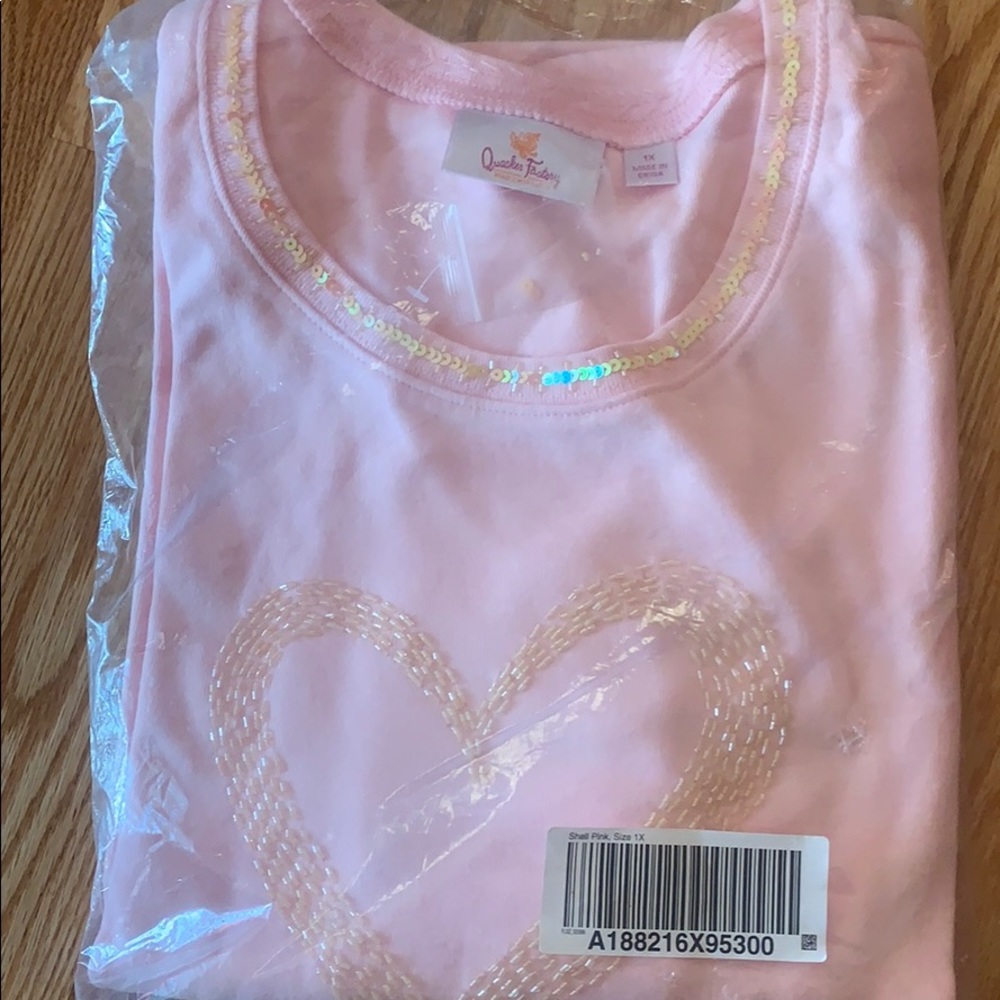 QF Pink 3/4 sleeve Tee with beaded heart